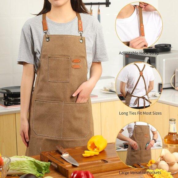 Canvas Cross Back Chef Cotton Aprons for Men Women with Large Pockets - Picture 5 of 7